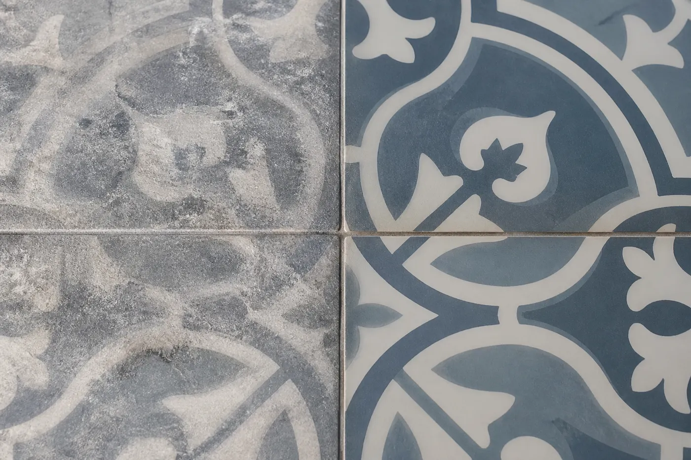Mosaico calcáreo decorado, mitad gastado y mitad recuperado con pulido